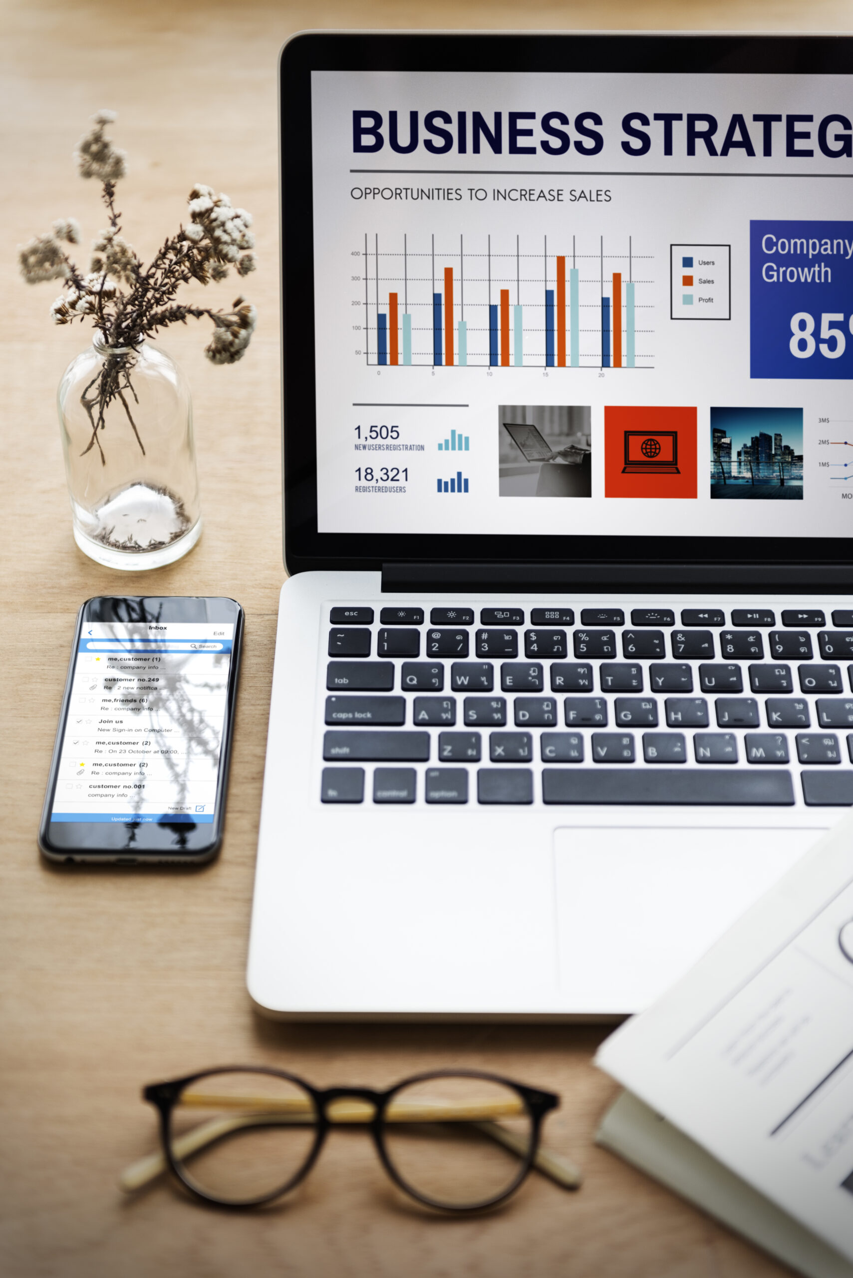 Laptop Office Wooden Table Workplace Technology Concept